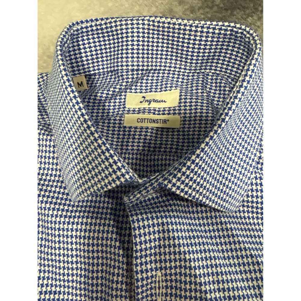 (B6) Ingram Cottonstir‎ Mens Blue White Houndstooth Button Down Dress Shirt M